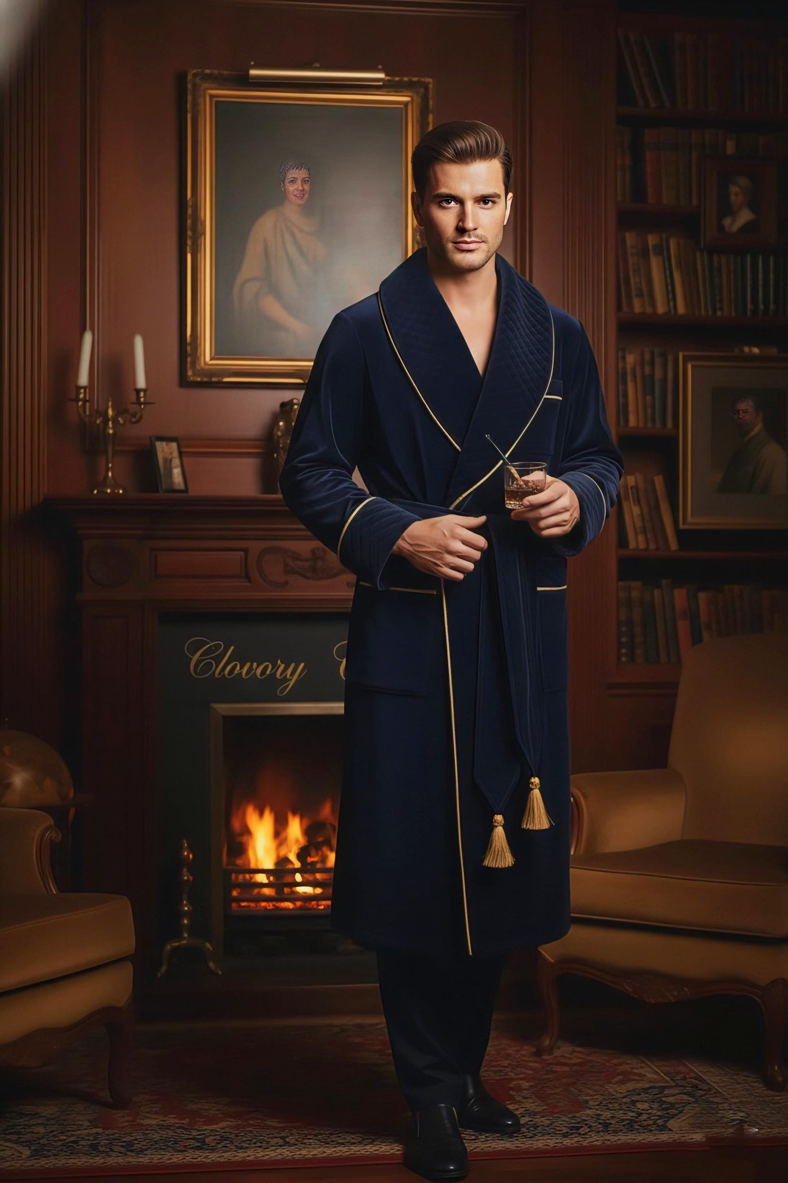 Luxury Navy Blue Velvet Smoking Robe – Quilted Lapel & Gold Piping | Custom Tailored
