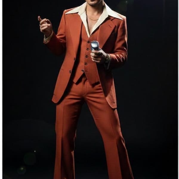 Vintage 70s Style Rust Orange 3-Piece Suit – Premium Terry Rayon | Custom Tailored